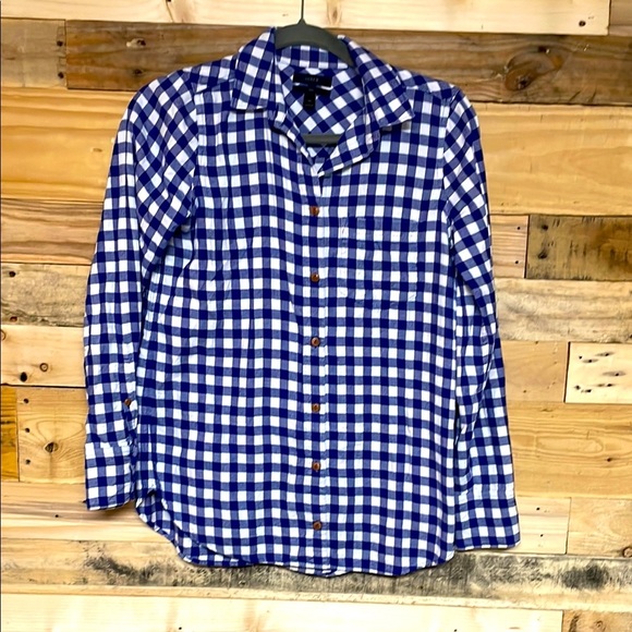 J.Crew size 00 Blue and White Checker Plaid Casual Button Down Long Sleeve Shirt - Picture 1 of 7